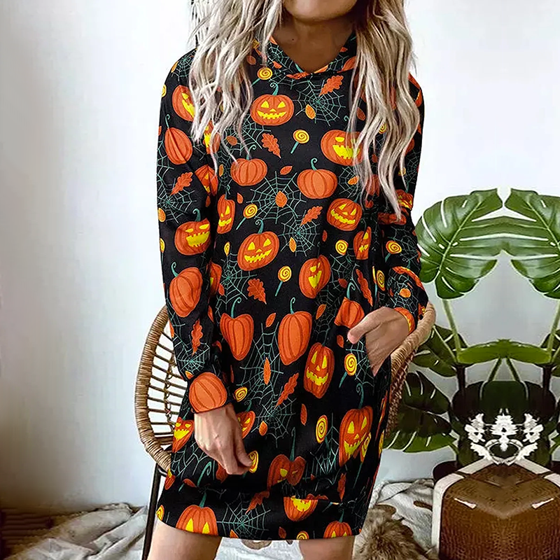 69562dd02c7dc28b0bf56faf9fb127cd.png Halloween Pumpkin Lamp Midi Dress - Image 1